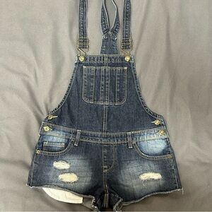MUDD women's cut off bib denim short overalls size Small distressed pockets NWOT